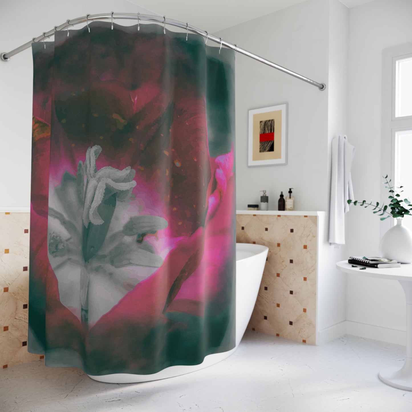 Moon-Tulip Noir Bath Curtain in black and red shown in a modern bathroom