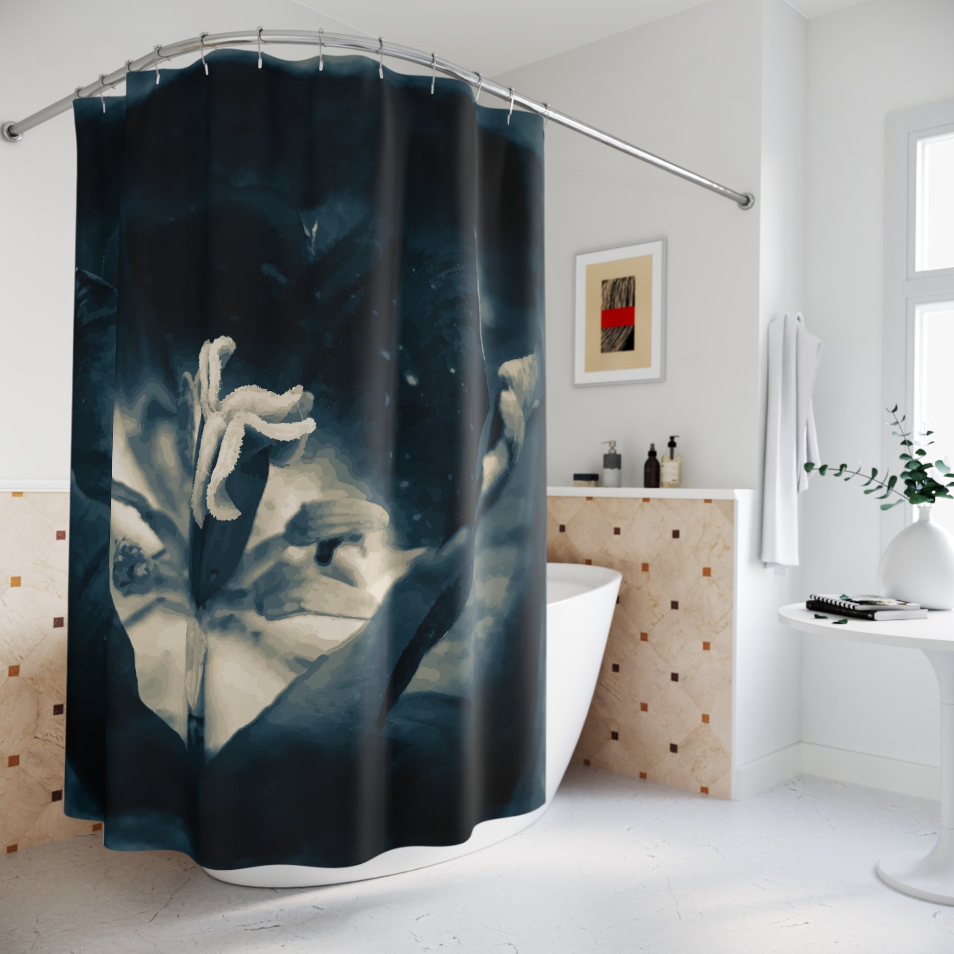 Moon Tulip Noir Bath Curtain Kiki Starling in a modern bathroom 