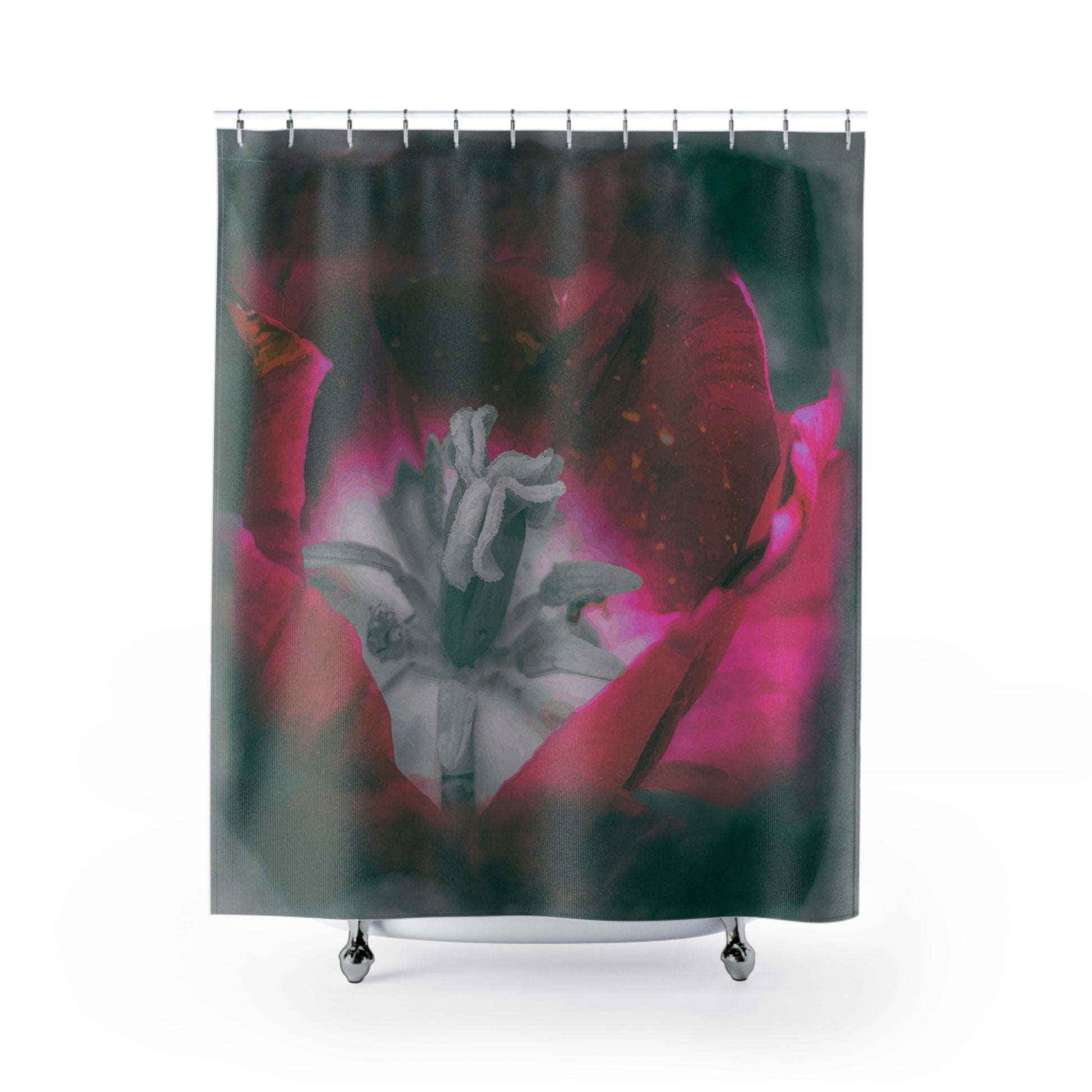 Moon Tulip Noir Bath Curtain in black and red shown from the front