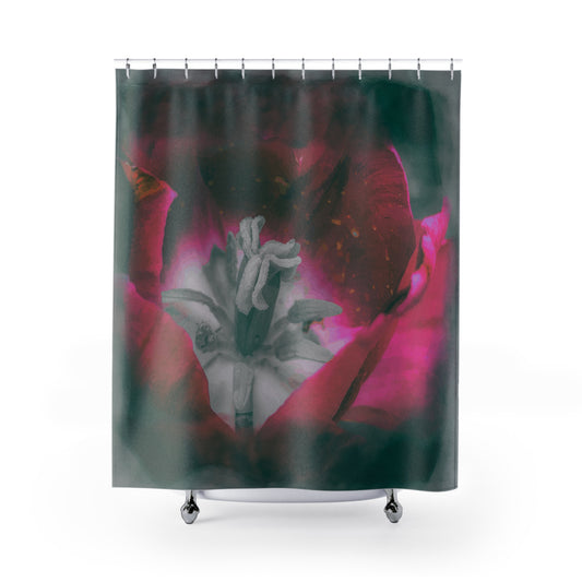 Moon Tulip Noir Bath Curtain in black and red shown from the front