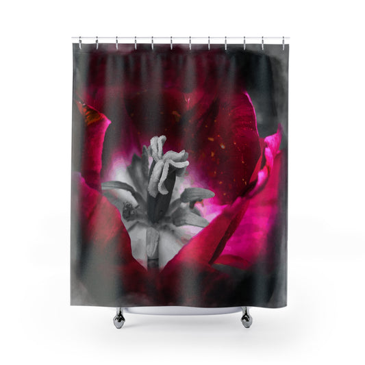  Moon Tulip Noir Bath Curtain in classic red shown from the front 