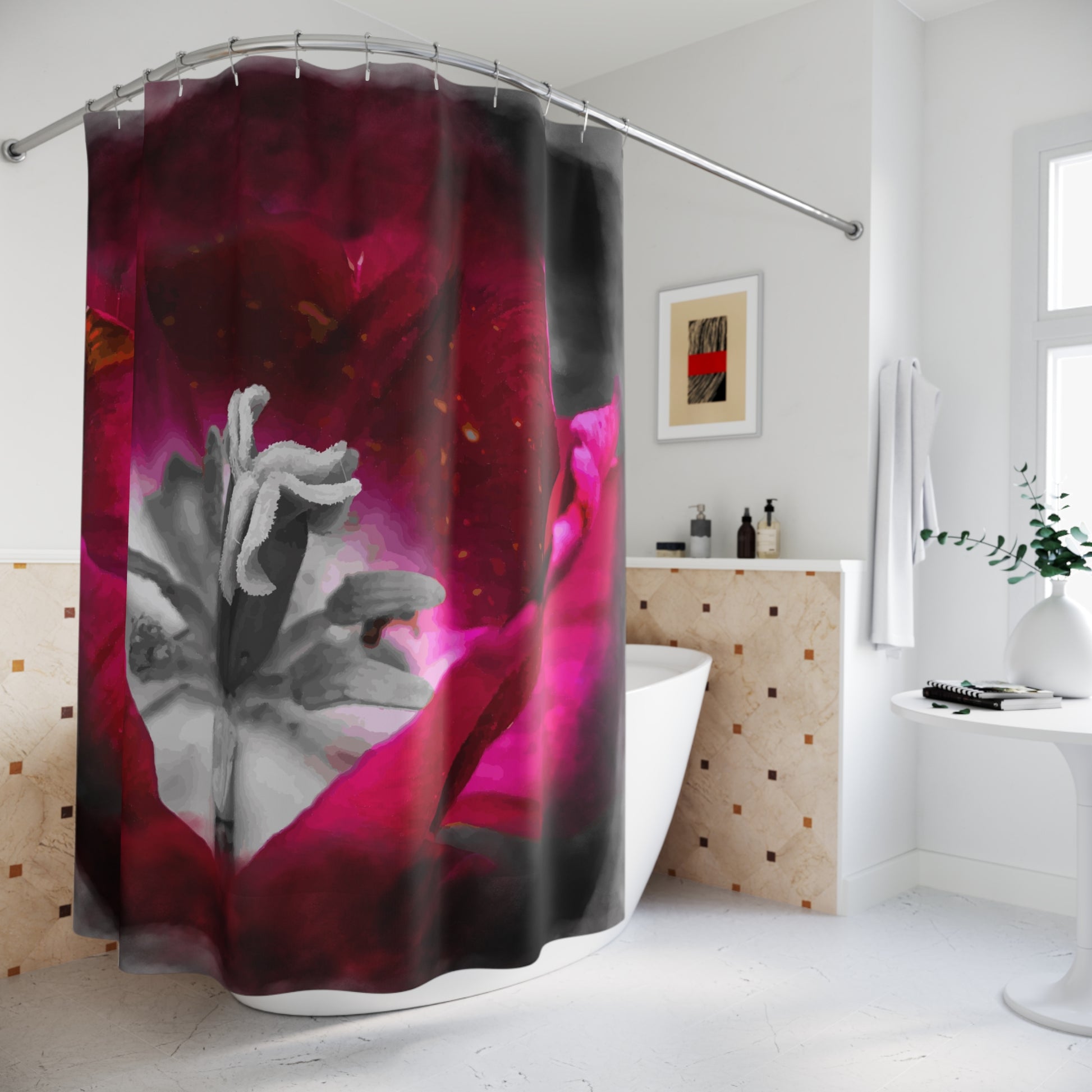 Moon-Tulip Noir Bath Curtain in classic red shown in a modern bathroom 
