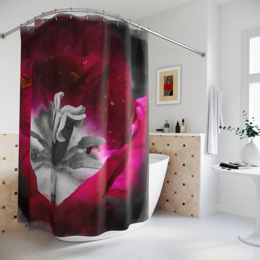 Moon-Tulip Noir Bath Curtain in classic red shown in a modern bathroom 