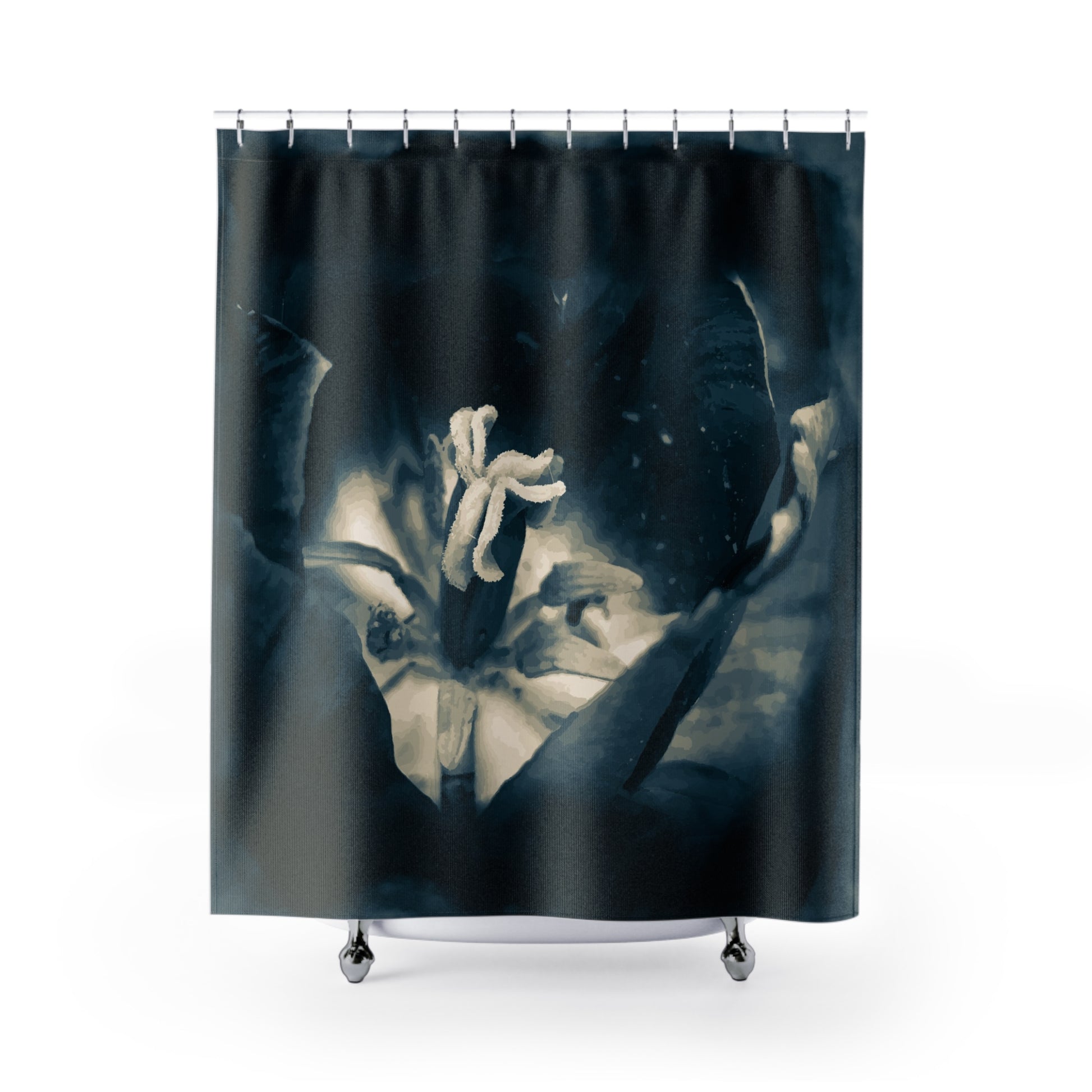 Moon Tulip Noir Bath Curtain in midnight blue shown from the front. 
