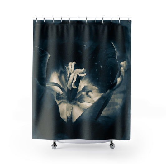 Moon Tulip Noir Bath Curtain in midnight blue shown from the front. 